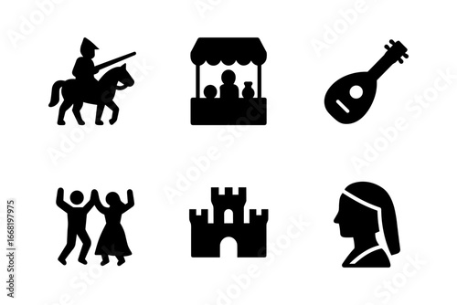 Medieval icon set: knight, marketplace, lute, dance, castle, portrait silhouettes