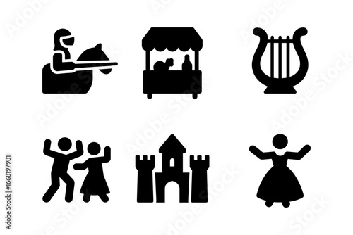 Medieval icon set: knight, market stall, lyre, dancing, castle, maiden