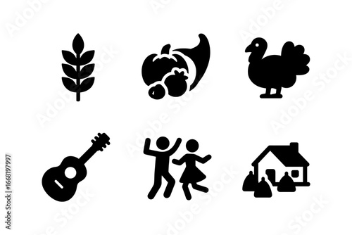 Thanksgiving icon set: harvest, turkey, celebration and home silhouettes