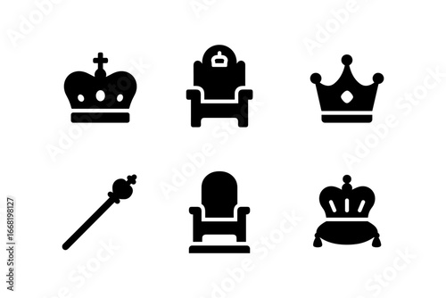 Black silhouette icons of crowns and thrones for royal themes