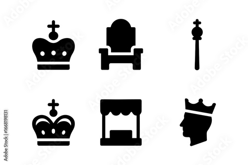 Monarchy icons: crowns, throne, and regal silhouettes