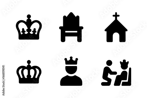 Minimalist royal icons: crowns, thrones, and ceremony symbols