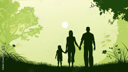 Silhouette of a family holding hands walking in a green landscape with trees and a shining sun in the sky