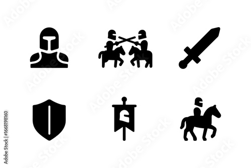 Medieval icon set featuring knights, swords, and shields in bold silhouette