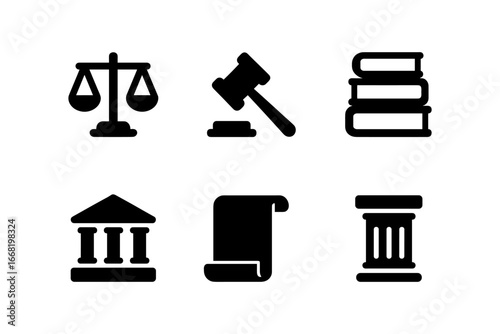 Legal icons set featuring symbols of justice and law in black silhouette style
