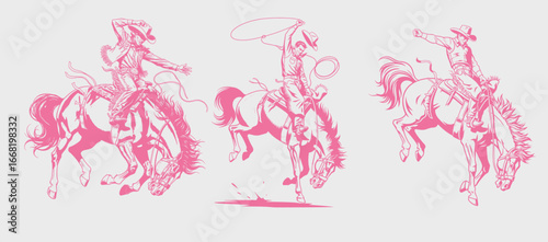 Wild West Rodeo Cowboy Illustration. Frontier Cowboy Spirit. Retro Western Rodeo Rider. A vintage illustration of rodeo cowboy. Cowboy action on bronco. Bronco Buster Rodeo Cowboy Action Sketch.