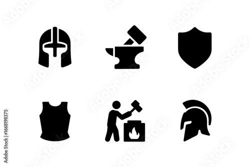 Icon set of armory and blacksmith silhouettes featuring helmets, shield, and anvil
