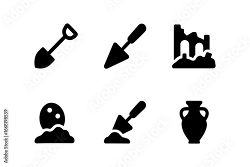 Archaeology tools and artifacts silhouette icons for historical exploration