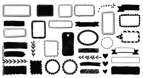 Collection of various black and white label and banner shapes and designs