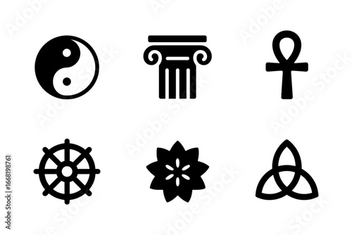 Minimalist icon set featuring yin yang, greek column, ankh, nautical wheel, flower, and celtic knot