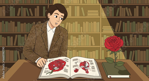Intrigued student examining a botanical diagram in a vintage library setting