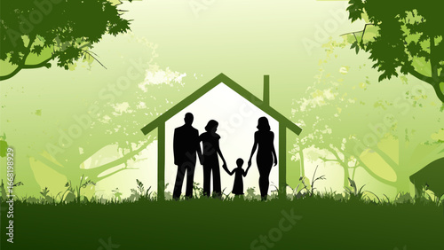 Silhouette of a family holding hands inside a house shape with a green nature background scene filled with trees