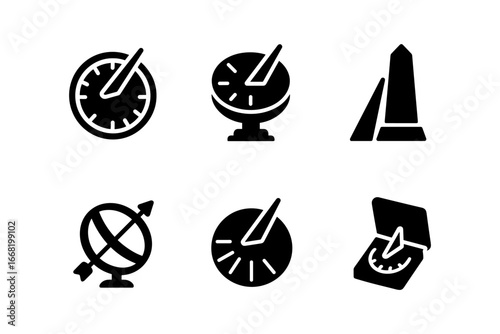 Minimalist sundial icon set featuring silhouette and linear styles