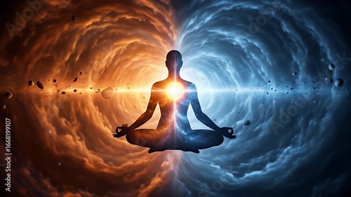 Silhouette in lotus pose split between fiery orange and cool blue cosmic nebulae