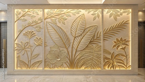 Elegant gold floral relief wall panel with tropical plant design