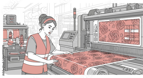 Textile factory worker inspecting floral fabric coming off a modern loom