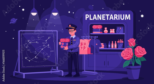 Planetarium scene with employee, star chart, gift shop and cosmos atmosphere