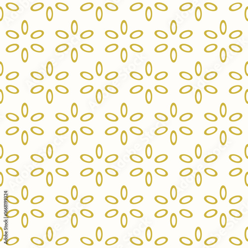 Simple golden vector floral geometric ornament. Luxury seamless pattern with abstract flower silhouettes, leaves in oriental style. Elegant minimal background. Gold and white texture. Repeat design