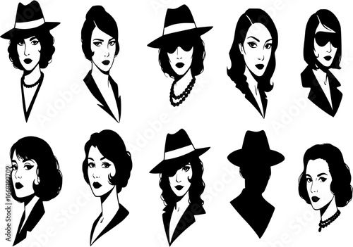Set vector noir film lady silhouette. Criminal girl illustration. Retro woman portrait. Old school mafia concept. Template for clothes, t-shirt, cards, games design