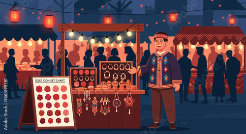 Vibrant night market illustration with vendor presenting handcrafted jewelry