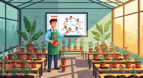 Illustrative Greenhouse Scene with Gardener Watering Roses and Displaying Life Cycle