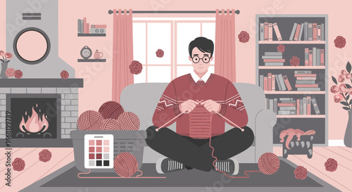 Serene indoor scene featuring a man knitting in a cozy, aesthetically decorated room