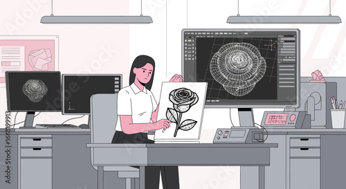 Creative designer visualizing a rose creation in digital space workspace