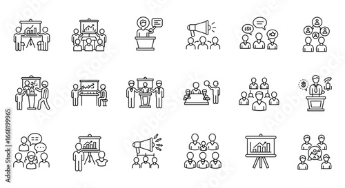 Line icons of people communicating and presenting in various business settings