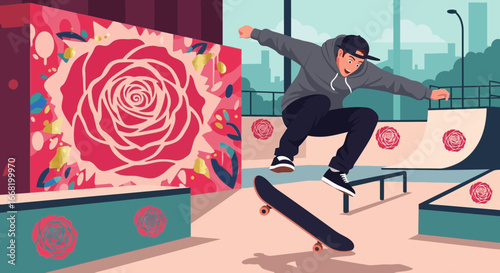 Skateboarding stunt in urban park with floral graffiti artwork backdrop