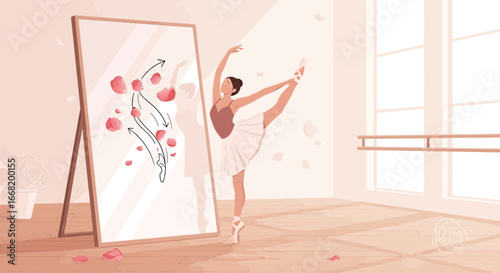 Ballerina's serene pose and reflection in ballet studio filled with petals