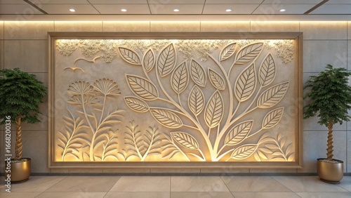 Elegant relief wall art with botanical design and warm lighting