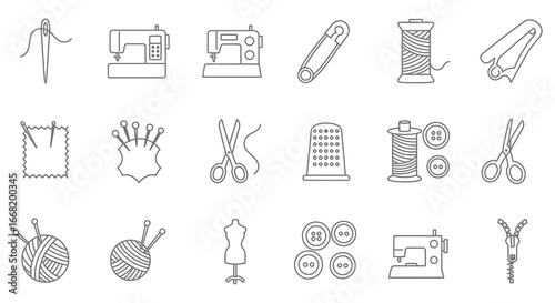 Sewing and crafting tools and supplies icons in a simple line style