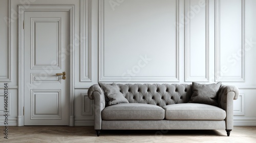 A cozy interior scene featuring a button-tufted sofa against a white wall panel and a door