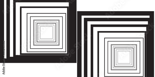 "A geometric illusion of layered squares, expanding inward with alternating black, beige, and gray borders, forming a mesmerizing tunnel-like depth effect."
