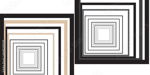 "A geometric illusion of layered squares, expanding inward with alternating black, beige, and gray borders, forming a mesmerizing tunnel-like depth effect."
