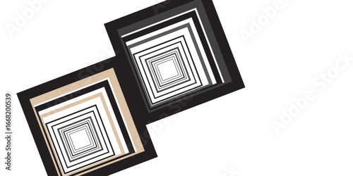 "A geometric illusion of layered squares, expanding inward with alternating black, beige, and gray borders, forming a mesmerizing tunnel-like depth effect."
