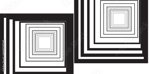"A geometric illusion of layered squares, expanding inward with alternating black, beige, and gray borders, forming a mesmerizing tunnel-like depth effect."
