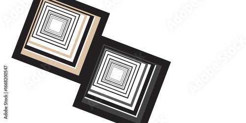 "A geometric illusion of layered squares, expanding inward with alternating black, beige, and gray borders, forming a mesmerizing tunnel-like depth effect."
