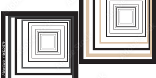 "A geometric illusion of layered squares, expanding inward with alternating black, beige, and gray borders, forming a mesmerizing tunnel-like depth effect."
