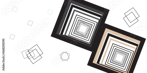 "A geometric illusion of layered squares, expanding inward with alternating black, beige, and gray borders, forming a mesmerizing tunnel-like depth effect."
