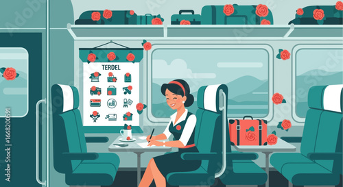 Elegant Woman on Train Planning her Next Luxury Getaway in Style and Comfort