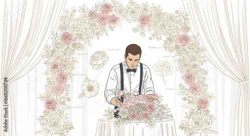Floral designer creating a wedding centerpiece beneath a floral archway