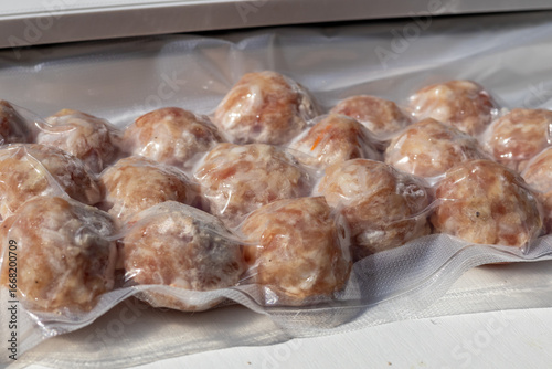 Raw meatballs packaged in vacuum-sealed plastic. The meatballs are round and have a light pink color, ready for cooking or freezing.