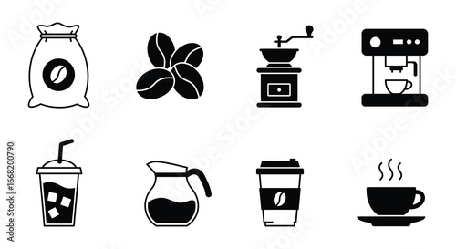 Coffee icons including beans machines and various coffee drinks