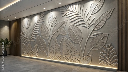 Modern interior wall with embossed botanical leaf pattern design