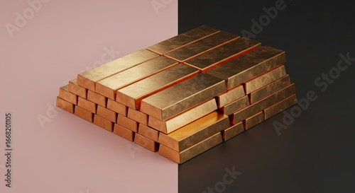 Stack of Shiny Golden Bars on a Split Pink and Black Background Showcasing Wealth and Economic Power with a Dramatic