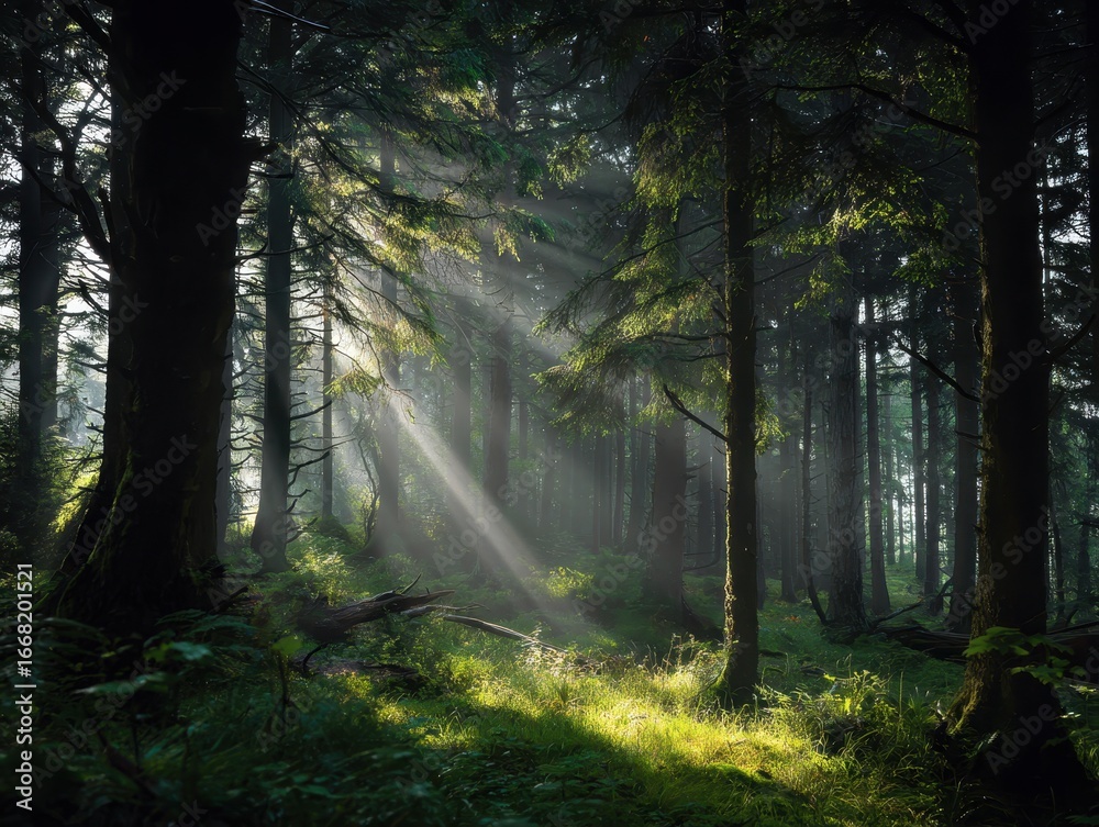 Fototapeta premium Hazy Morning Sunlight Through Green Forest