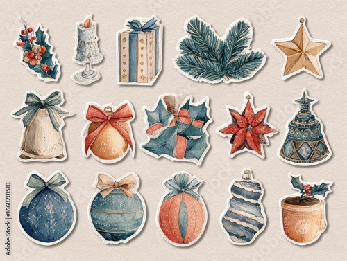 Hand-Drawn Christmas Stickers Set Featuring Blue and Beige Watercolor Icons