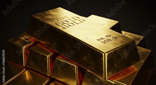 Stacked Gold Bars: A Symbol of Wealth and Economic Prosperity in Uncertain Times, Shining Brightly Against a Dark Background.