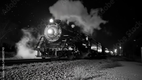 Vintage steam locomotive at night